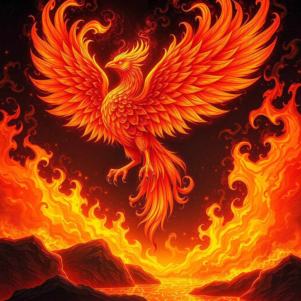 Blazing Fire Phoenix Rising Above Flame River
