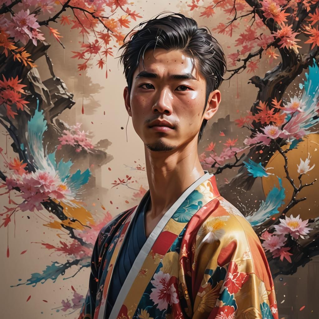 Young Japanese Man in Traditional Garb: Hyperrealistic Art