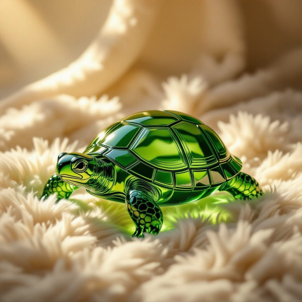 Hyperrealistic Blown Glass Tortoise on Fur Throw