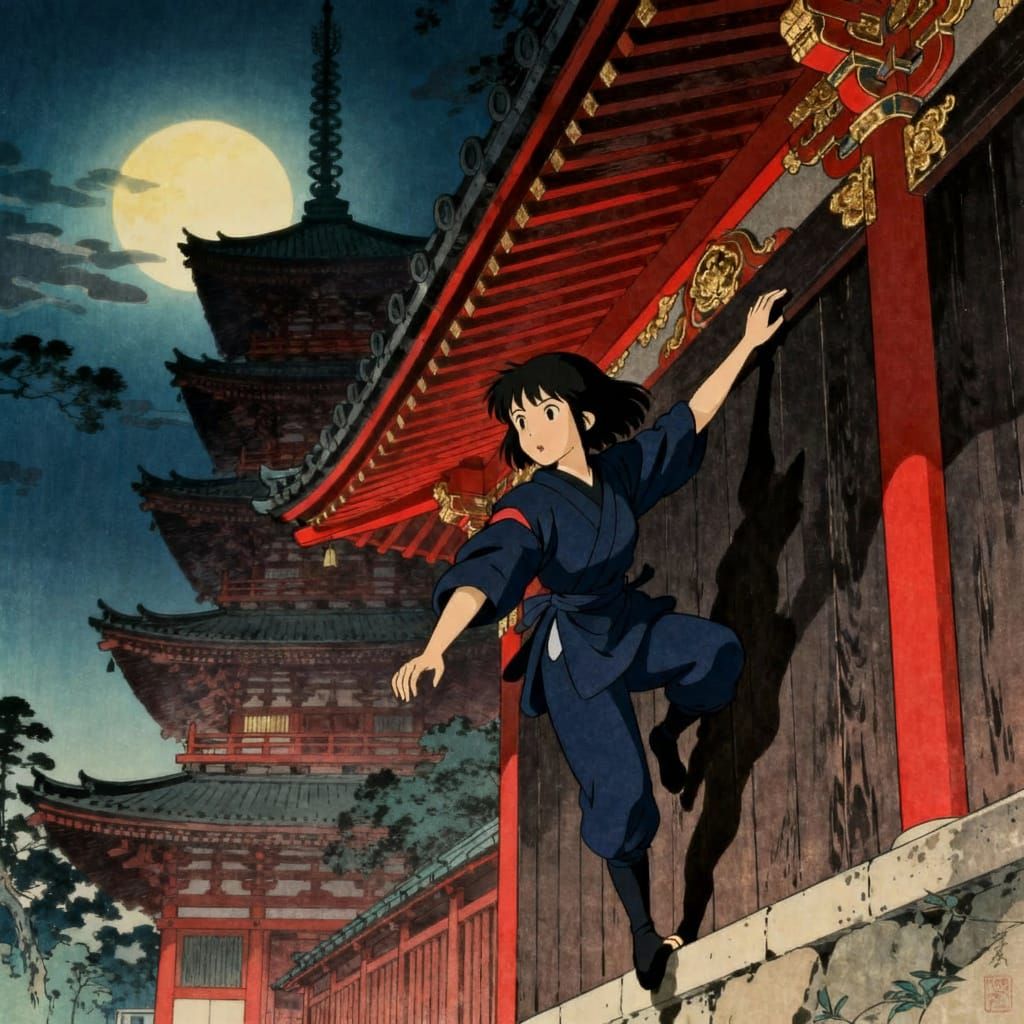 A female shinobi scaling the side of an ancient Kyoto temple...