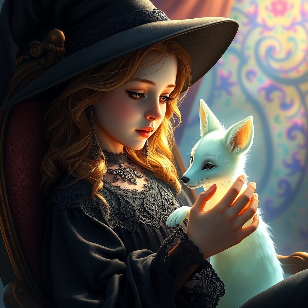 Enchanted Witch Interacts with Ghostly Fox Familiar in Vibra...