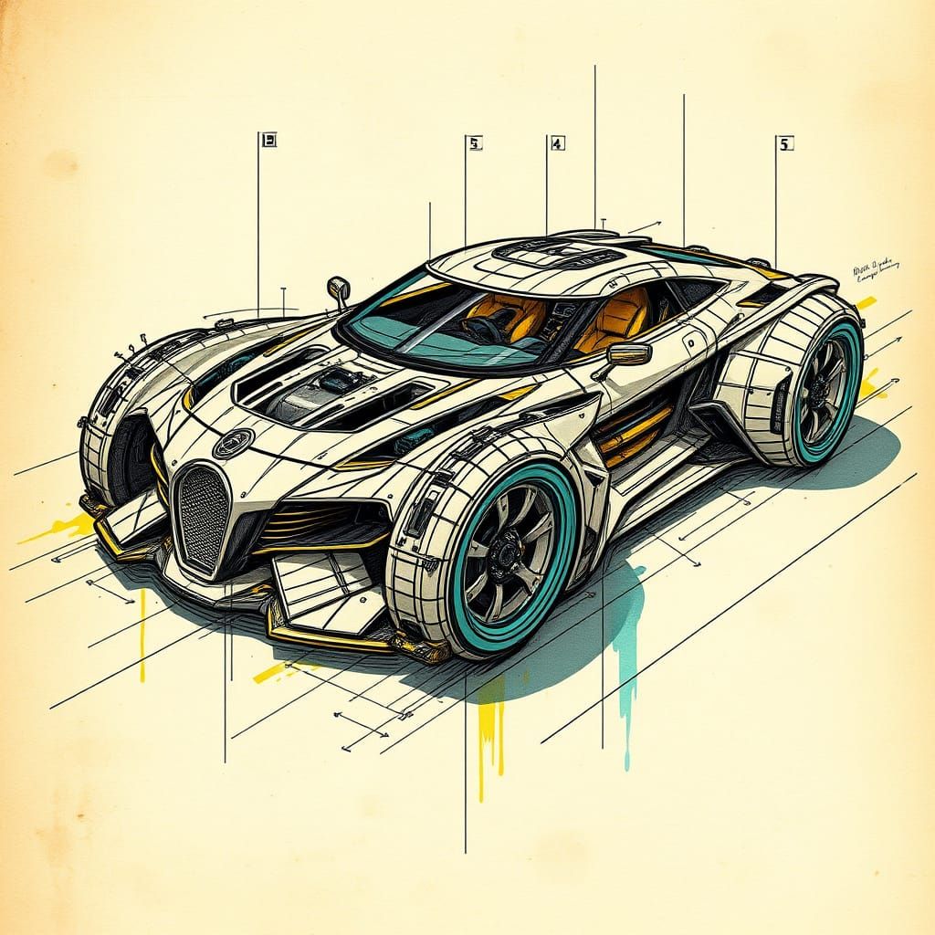 Futuristic Car Schematic on Parchment in Fantasy Art Style