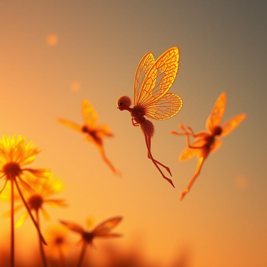 Whimsical Faeries Soar Above Dandelions in Vibrant Sunset Sc...