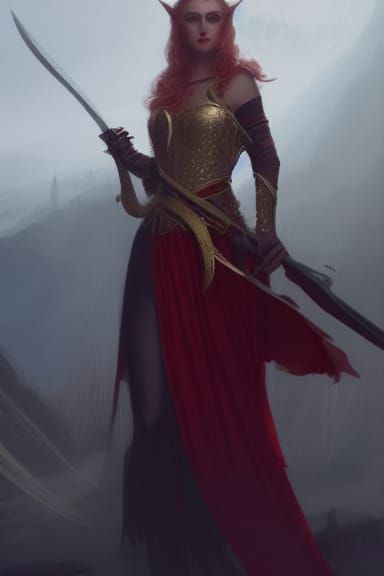 Elven noblewoman wearing a red and white dress with sparse filigree of gold, she has green eyes and blond hair and carri...