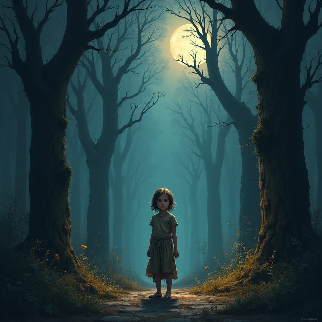 Forsaken Child in Dark Forest Bathed in Moonlight