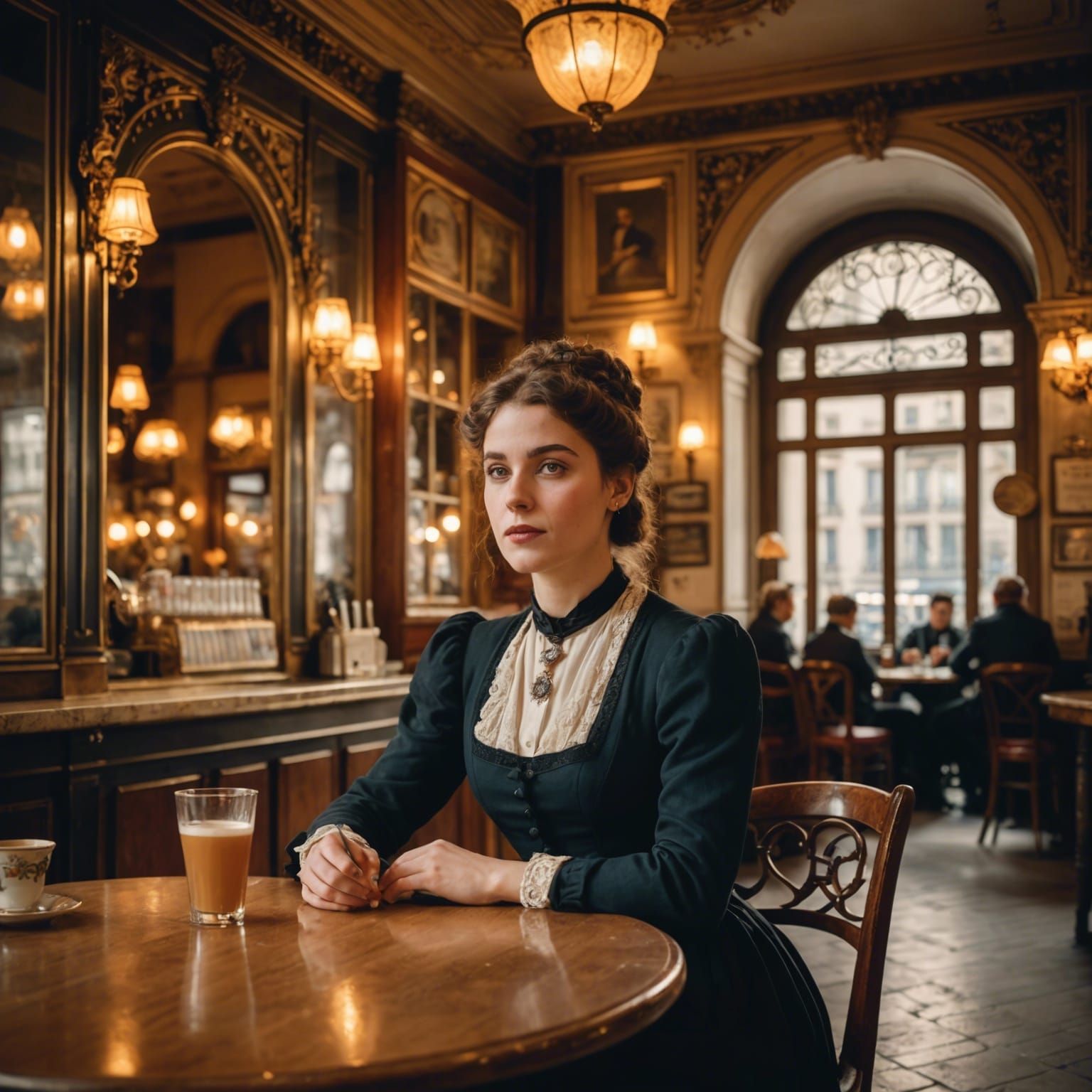 Belle Époque Lady in Parisian Cafe at Sunrise