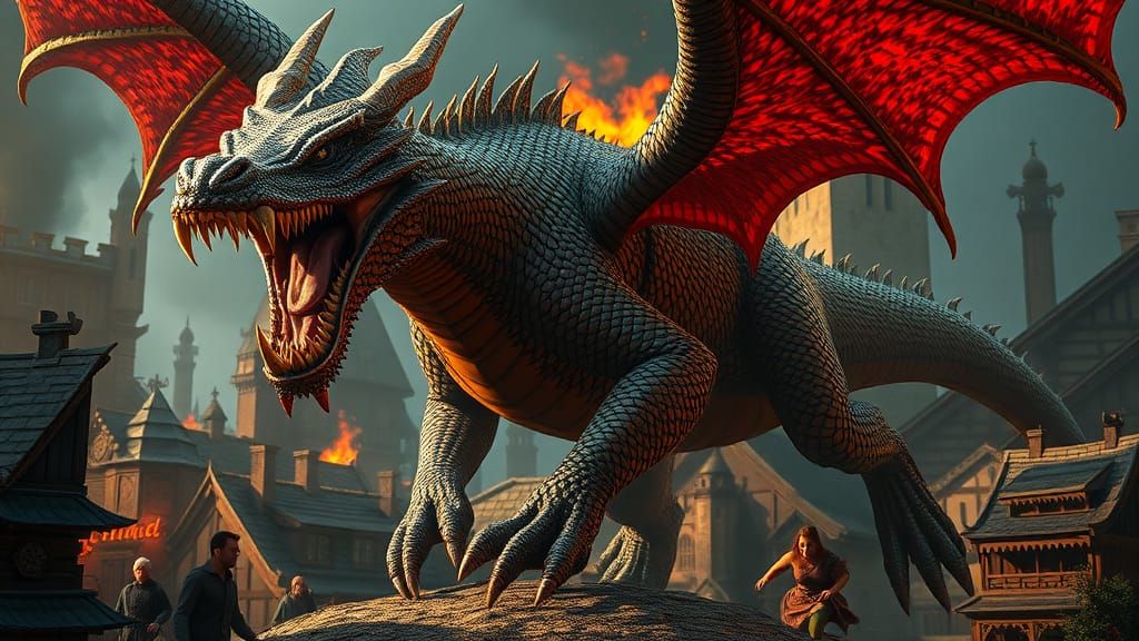 Fierce Trogdor Burninates Medieval Town in Hyperrealistic Ar...
