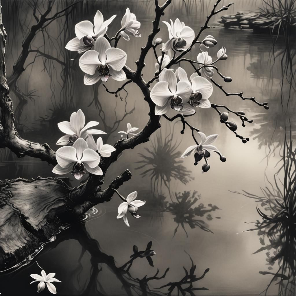 Blooming Orchid Bonsai Reflected in Water: Charcoal Drawing