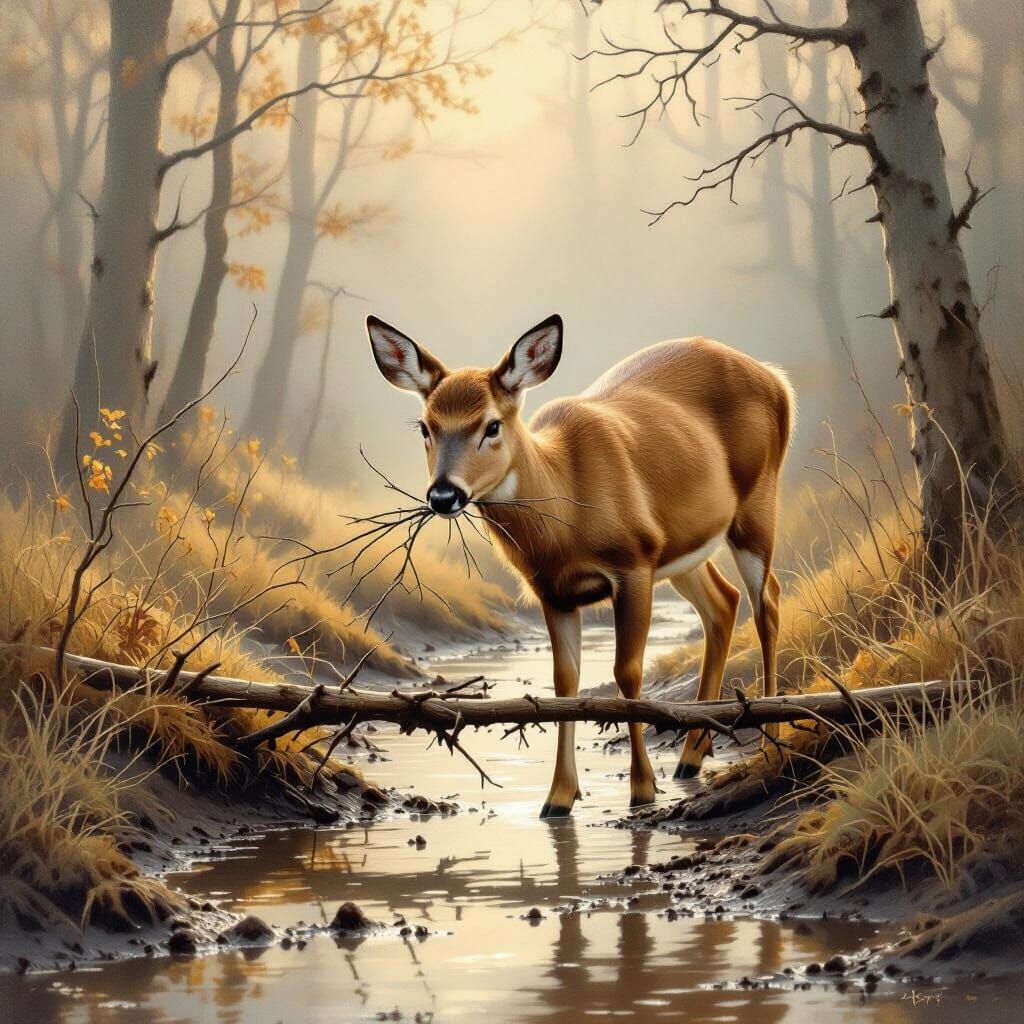 Doe Builds Forest Bridge in Realistic Oil Painting