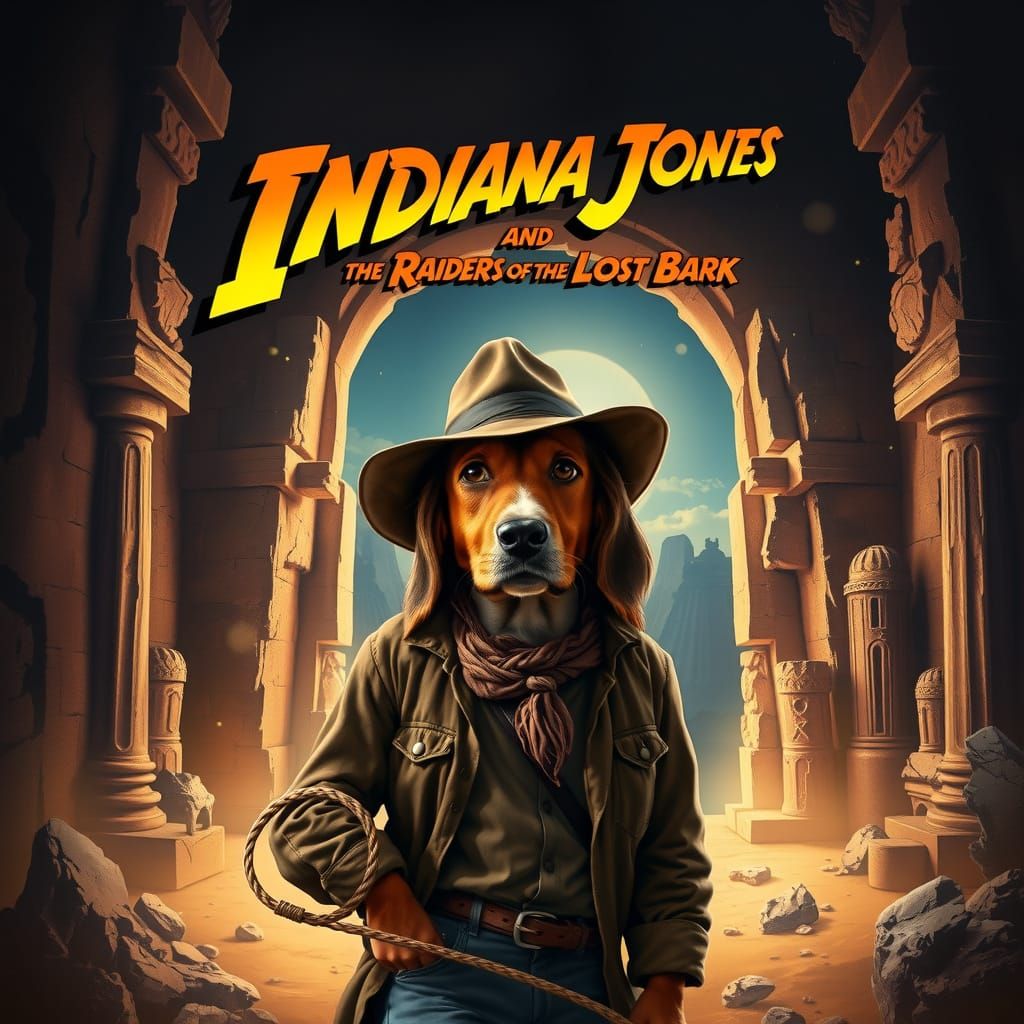 Indiana Jones Basset Hound in Ancient Temple Movie Poster