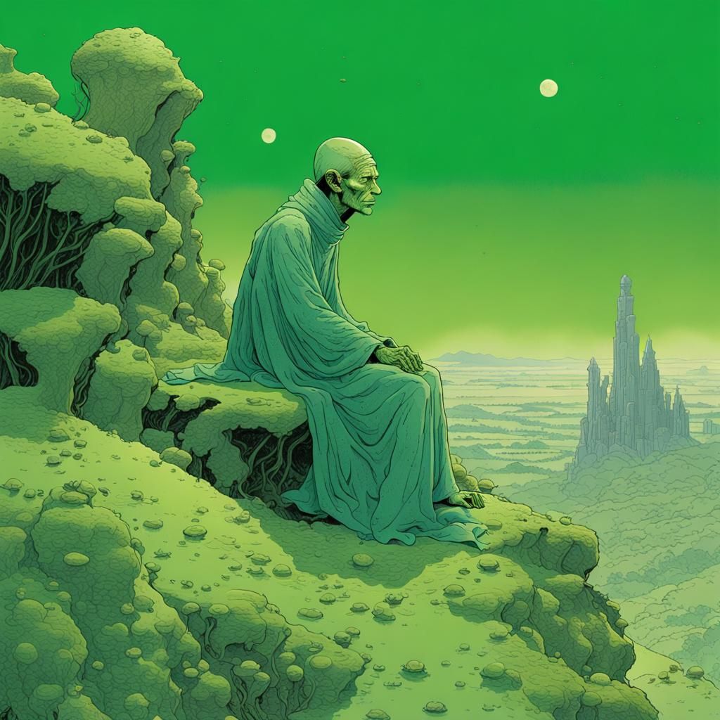 Alien Sorcerer in Green Landscape, Ligne Claire Style