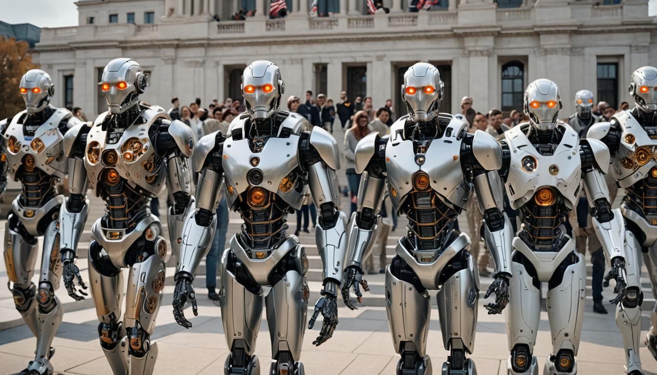 AI Cyborg Robots at US Capitol: 3D Render