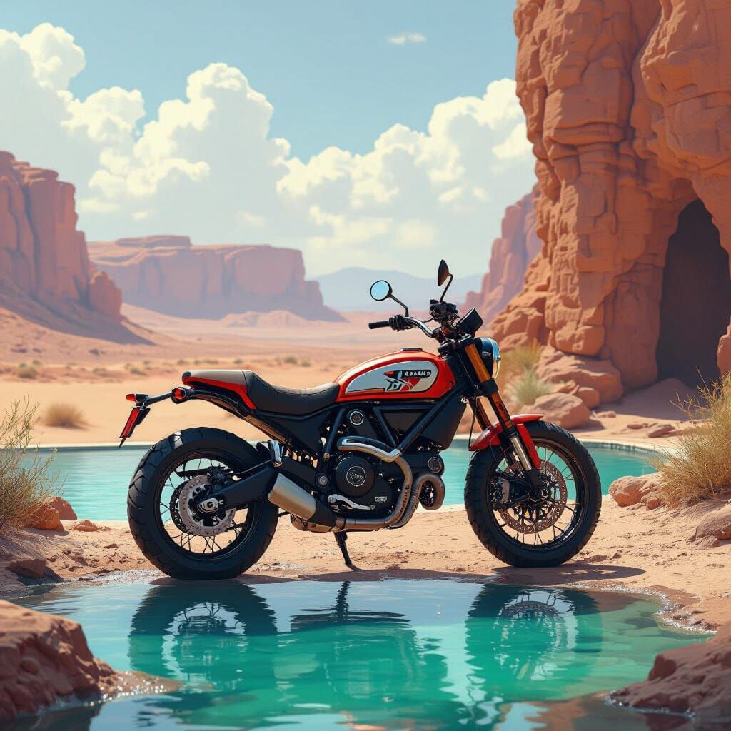 Ducati Scrambler in Desert Oasis Fantasy Art