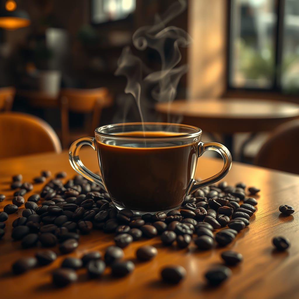 Steaming Cup of Coffee in Cozy Café Ambiance