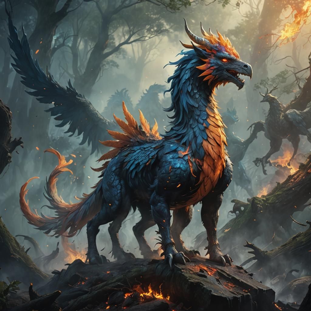 Kirin Phoenix Rises from Burning Forest