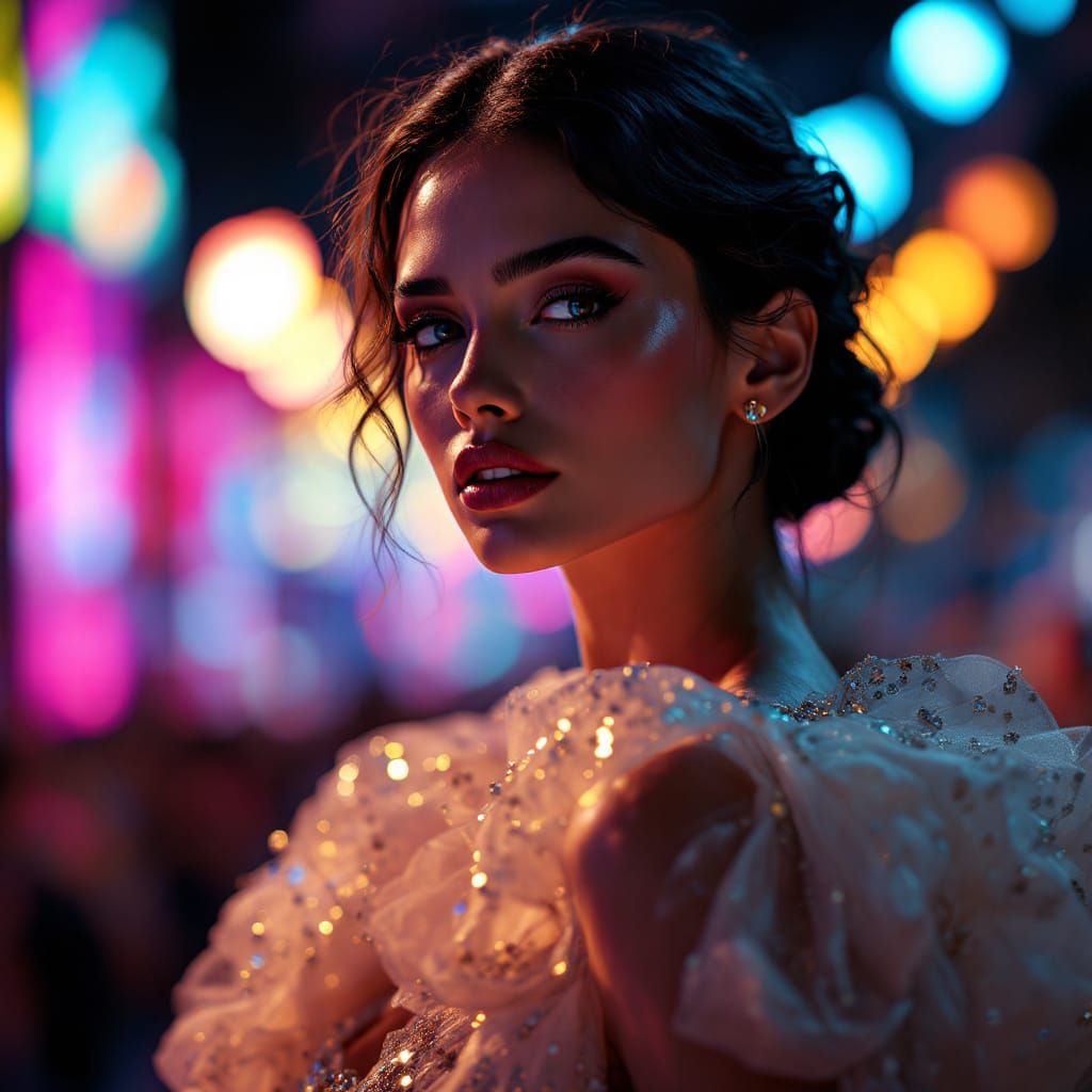 High Fashion Model in Opulent Gown, Hyper-Realistic Lighting