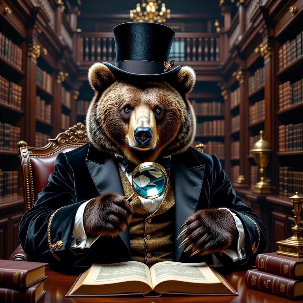 Grizzly Bear Scholar in Library, Hyperrealistic Rendering
