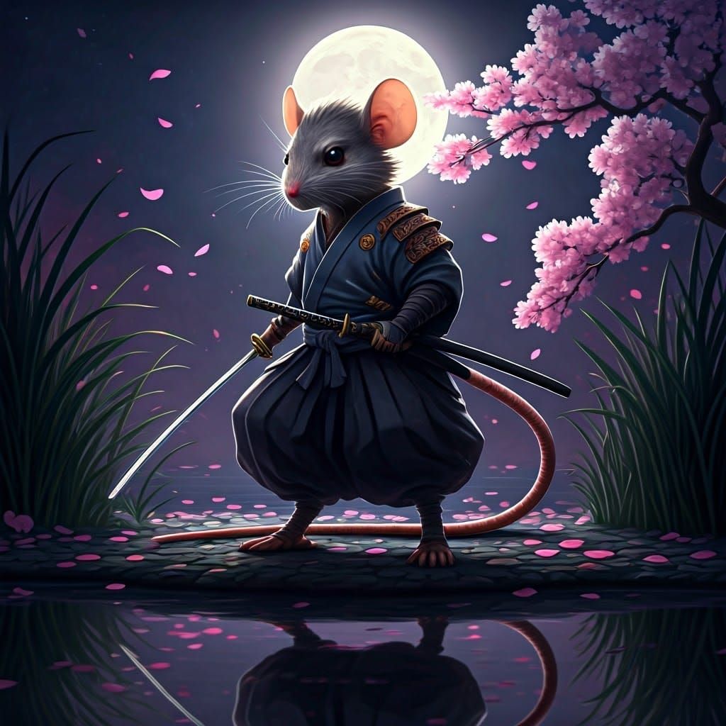 Cyberpunk Samurai Mouse Gears Up for Battle Under Full Moonl...