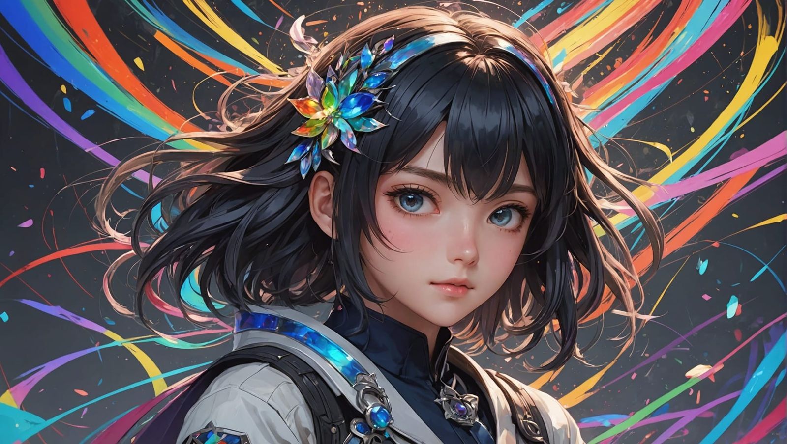 Rainbow Iridescent Anime Art with Dynamic Brushwork