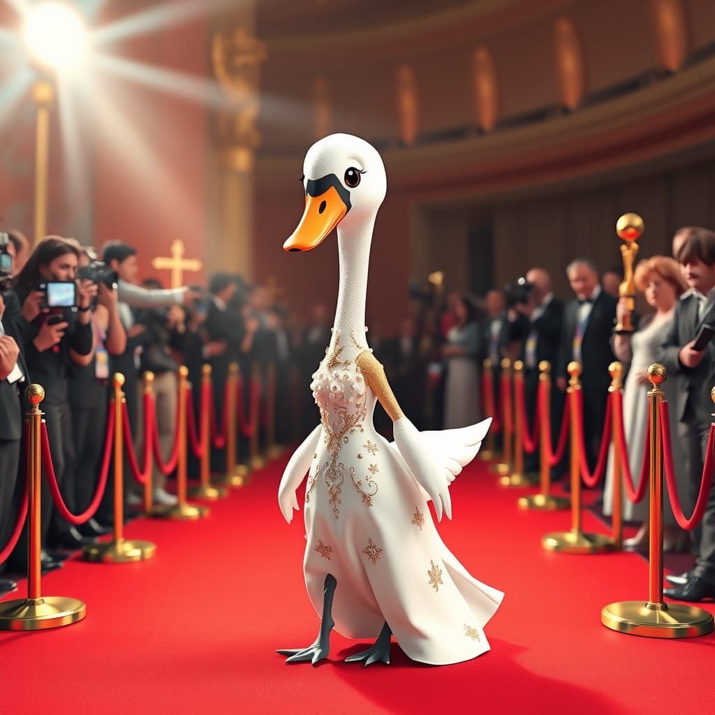 Cute Swan Red Carpet Glamour in 3D Cartoon Style