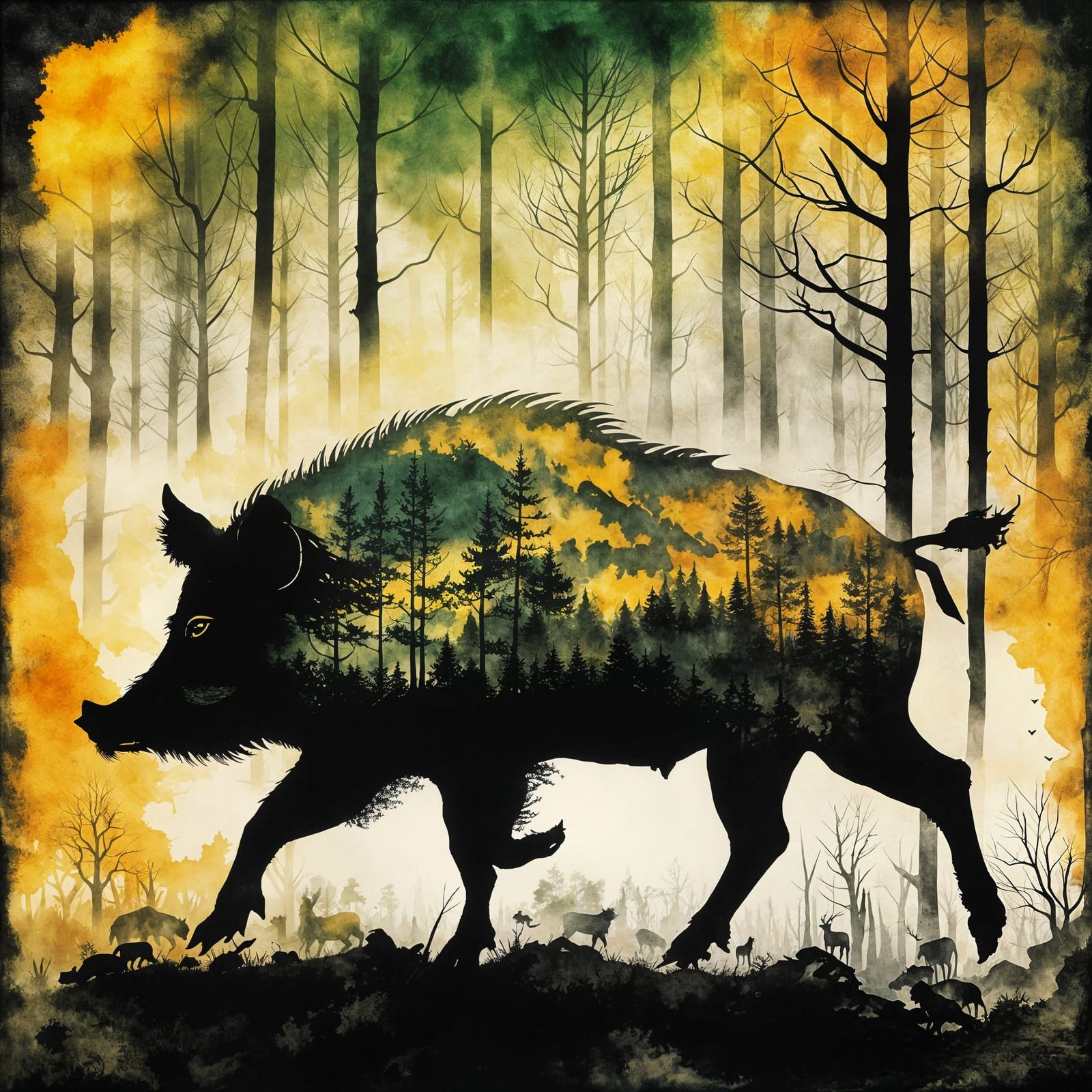 Wild Boar Silhouette in Steampunk Ink Style