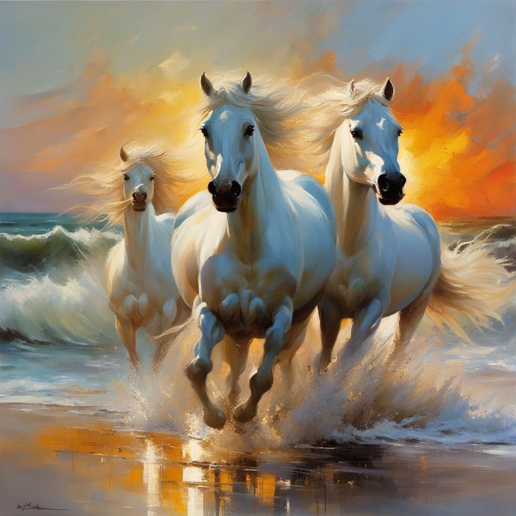 White Horses Gallop on Beach in Oil Painting Style