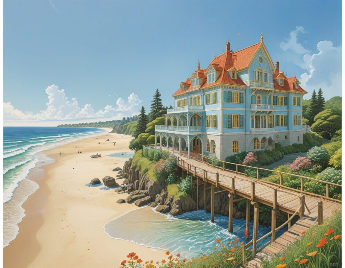 Whimsical Lightblue Mansion on Serene Beach
