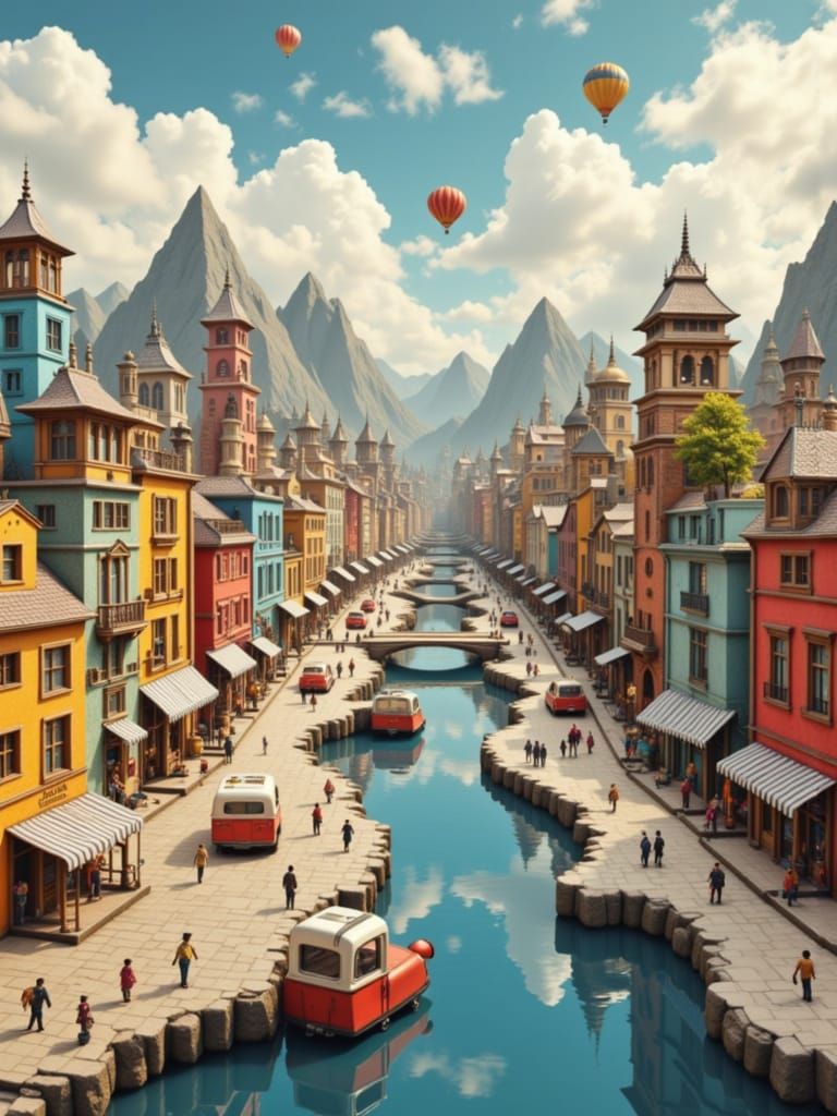 Pop-Up Cityscape with Paper People and Mountains