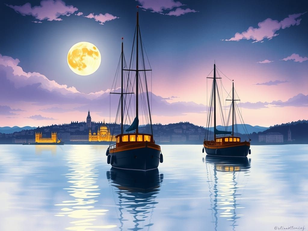 Moonlit Cityscape with Sailboats in Watercolor Style