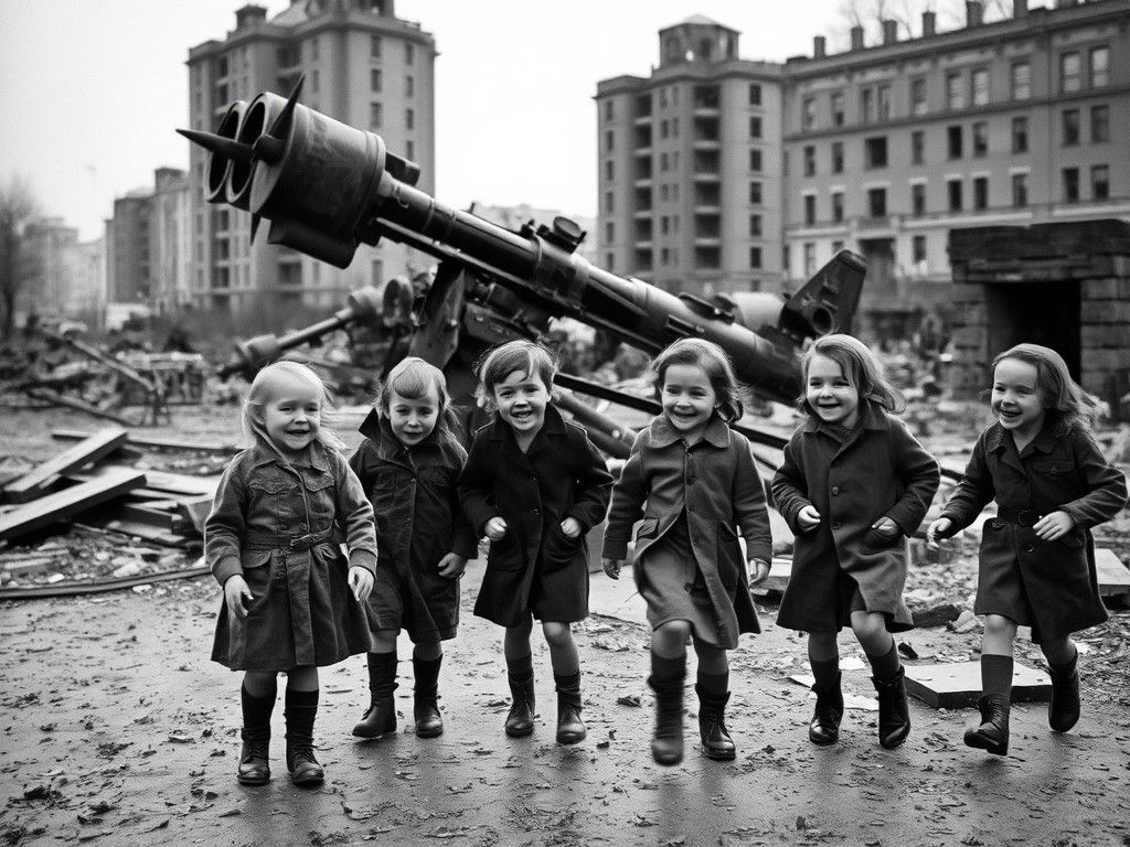 Children Play Near Anti-Aircraft Guns in Post-War Berlin