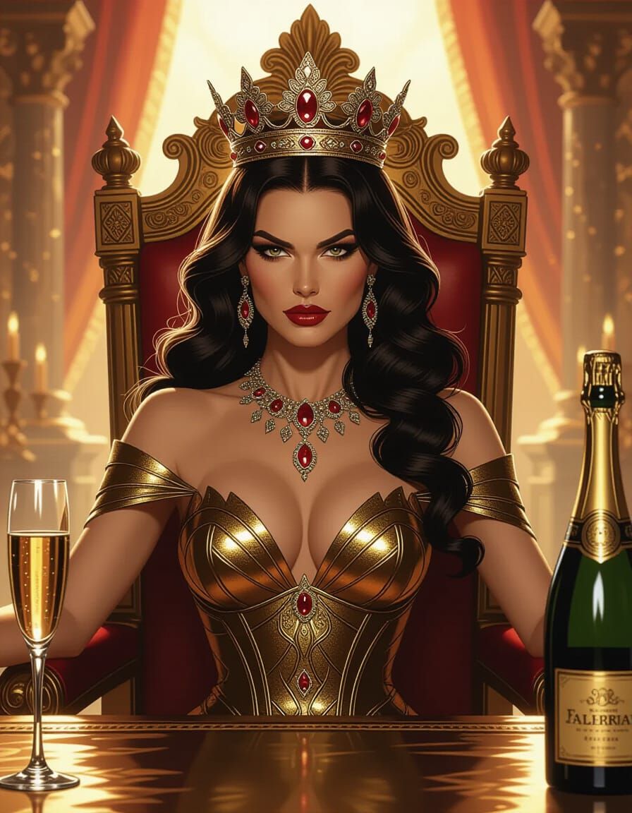 Regal Queen on Golden Throne in Dramatic Digital Painting