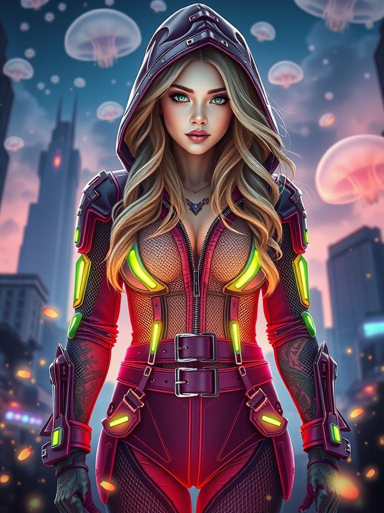 Surreal Futuristic Goddess in Neon-Lit Jumpsuit