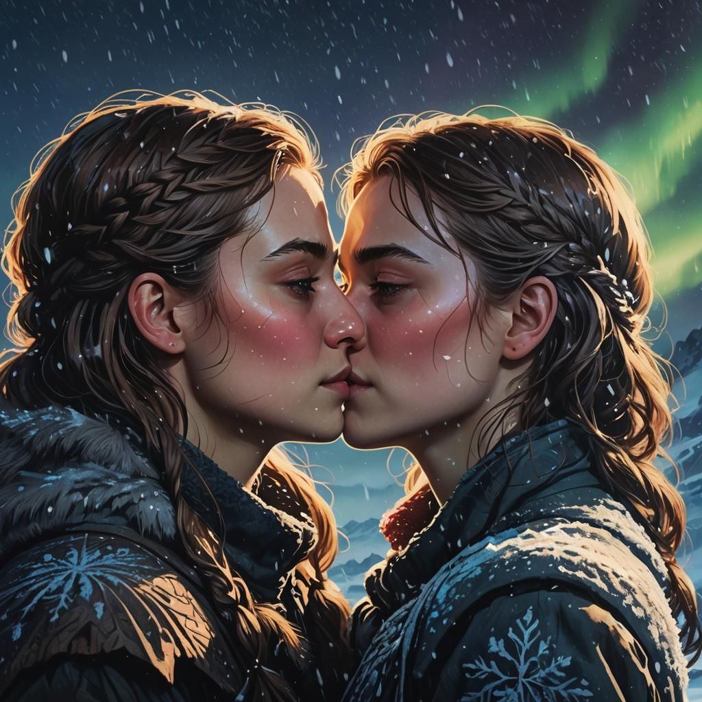 Romantic Portrait on the Wall with Northern Lights