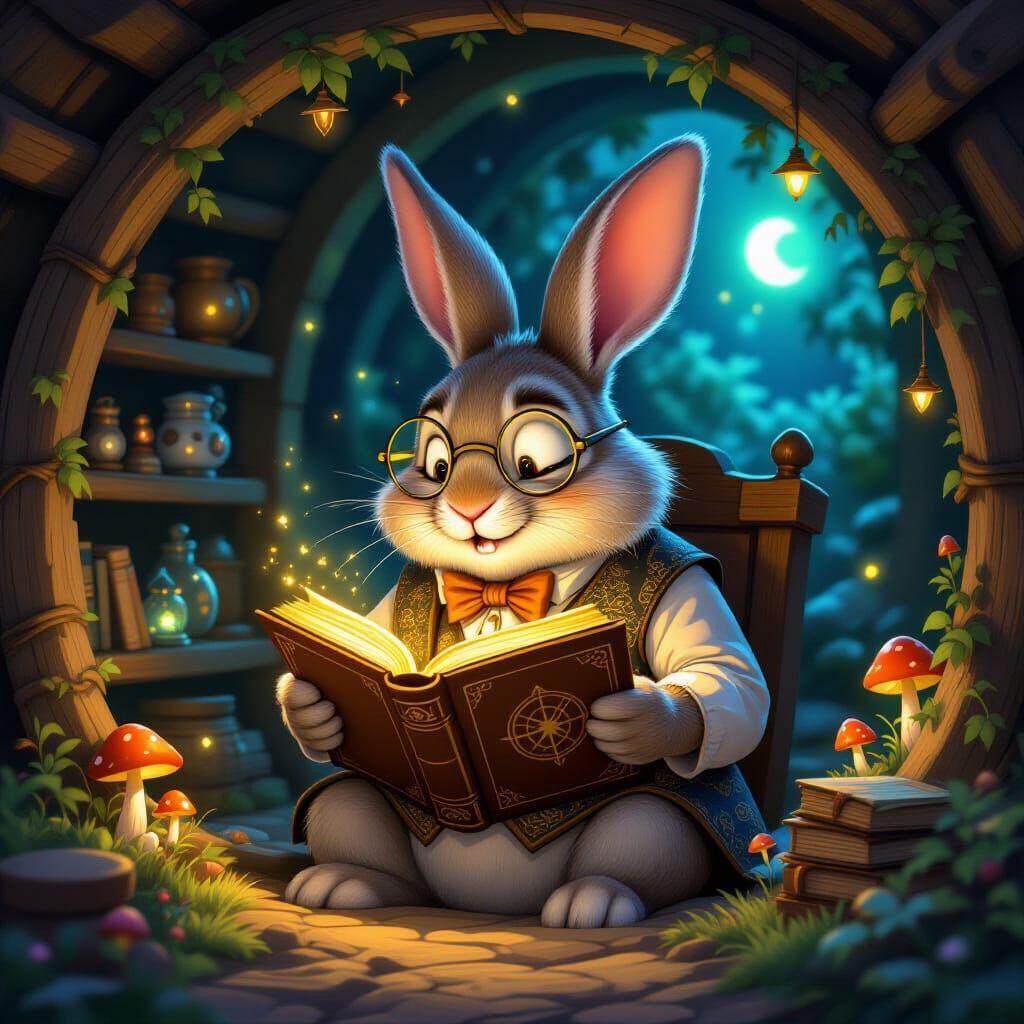 Wise Rabbit Reads Ancient Tome in Cozy Burrow