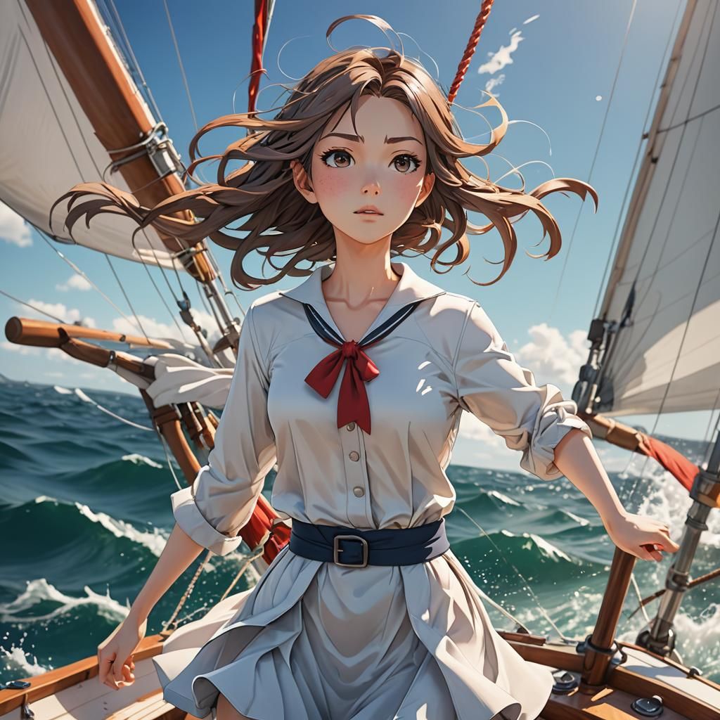Anime Girl on Sailing Boat in Manga Style