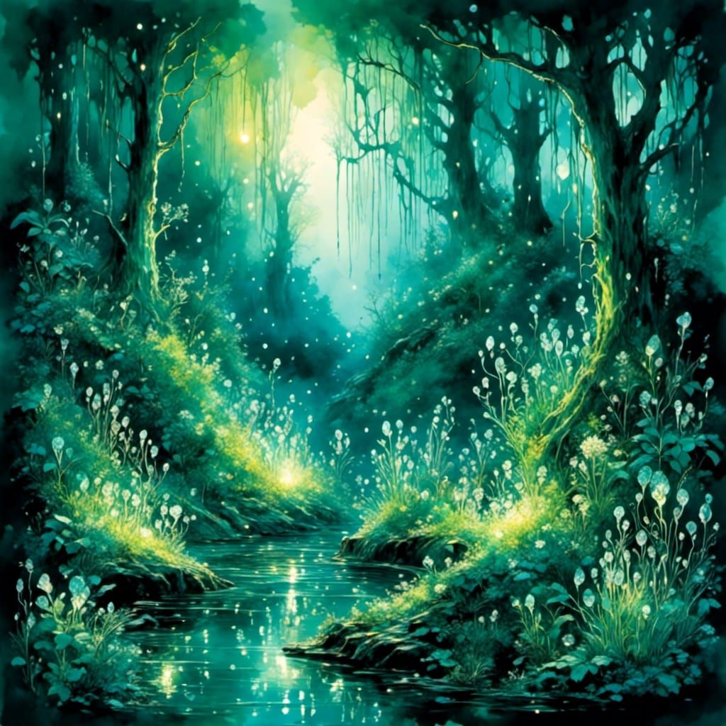 Luminous Bioluminescent Forest in Watercolor Style