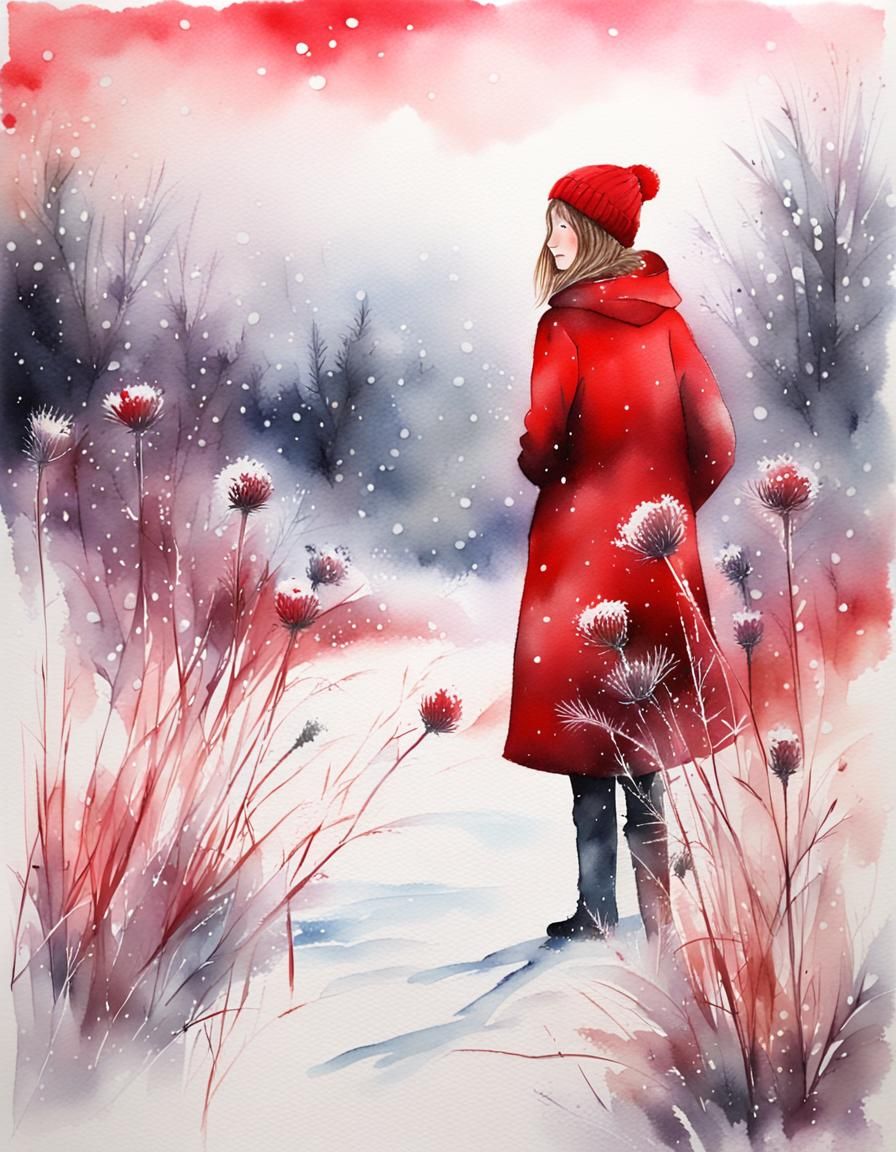 Woman in Red: Watercolour Snowy Landscape