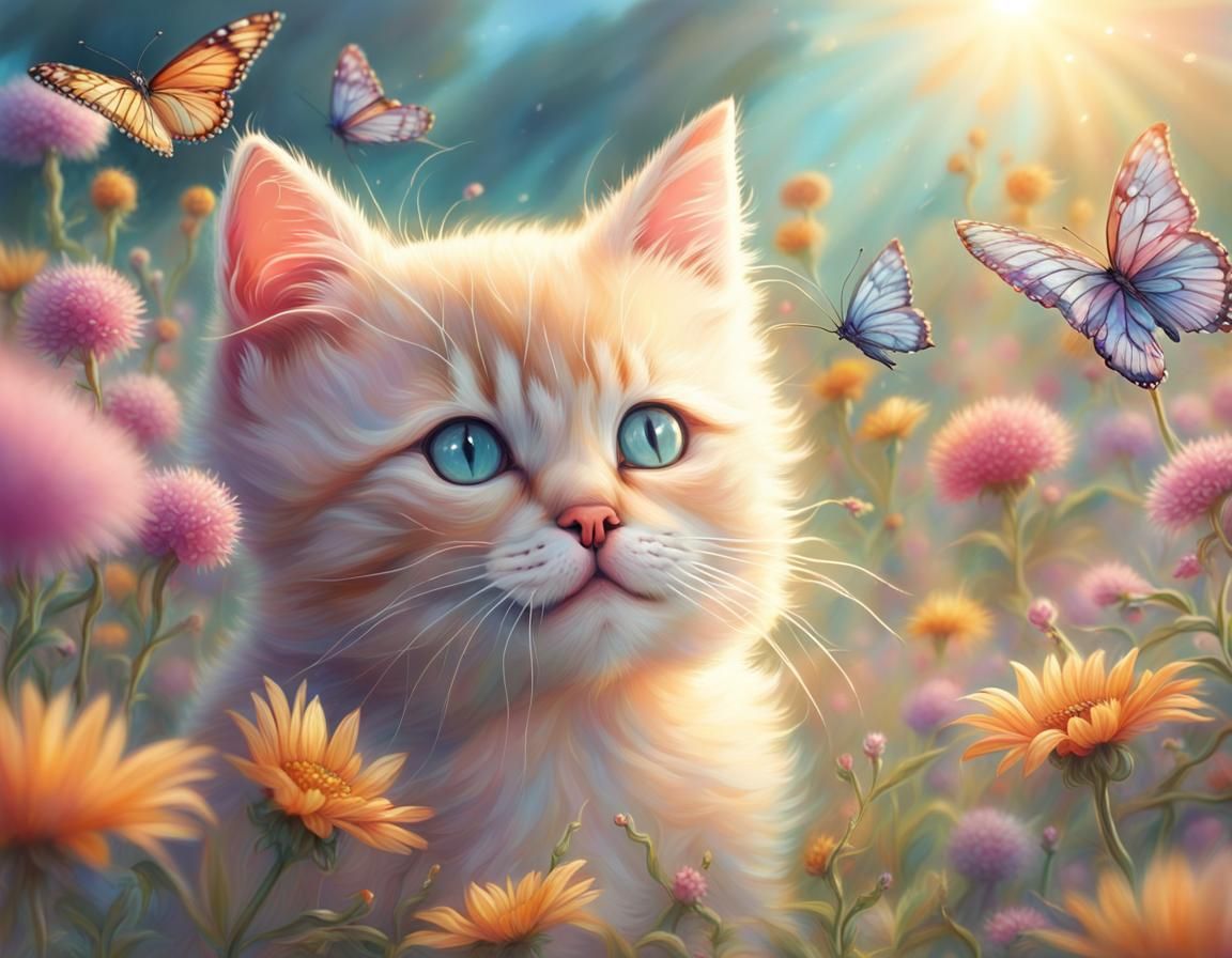 Pastel Kitten in Sunlight with Butterflies