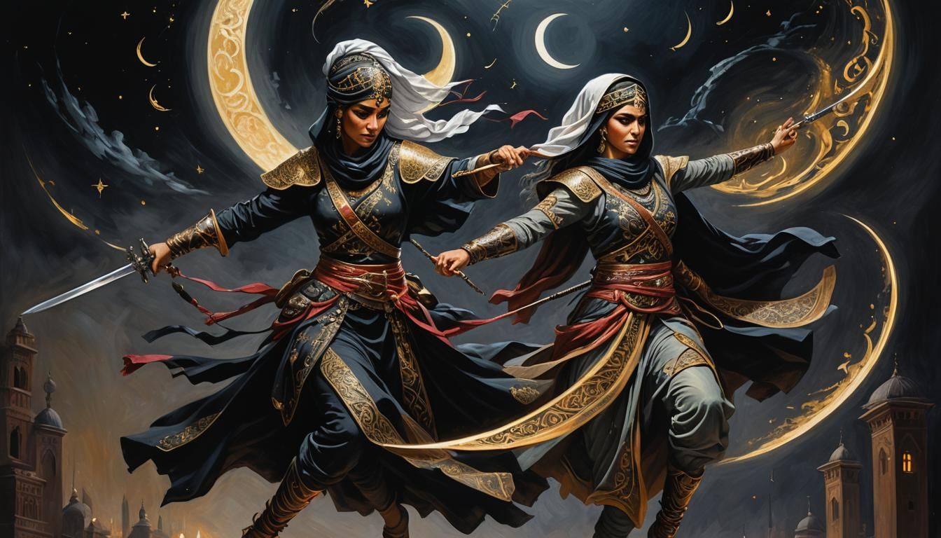Arabic Warrior Leaps with Crescent Sword: Oil Painting