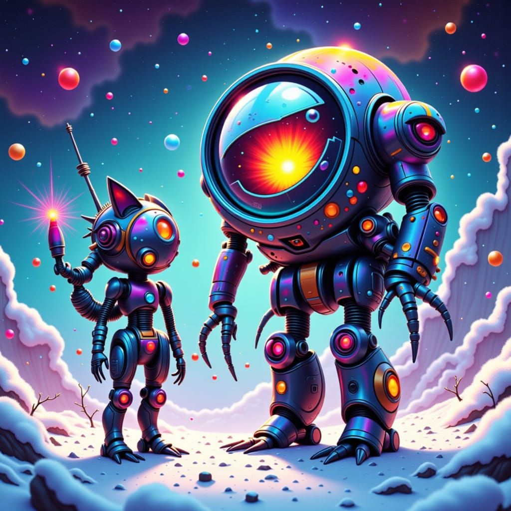 Robot and Kitty in Cosmic Winter Landscape