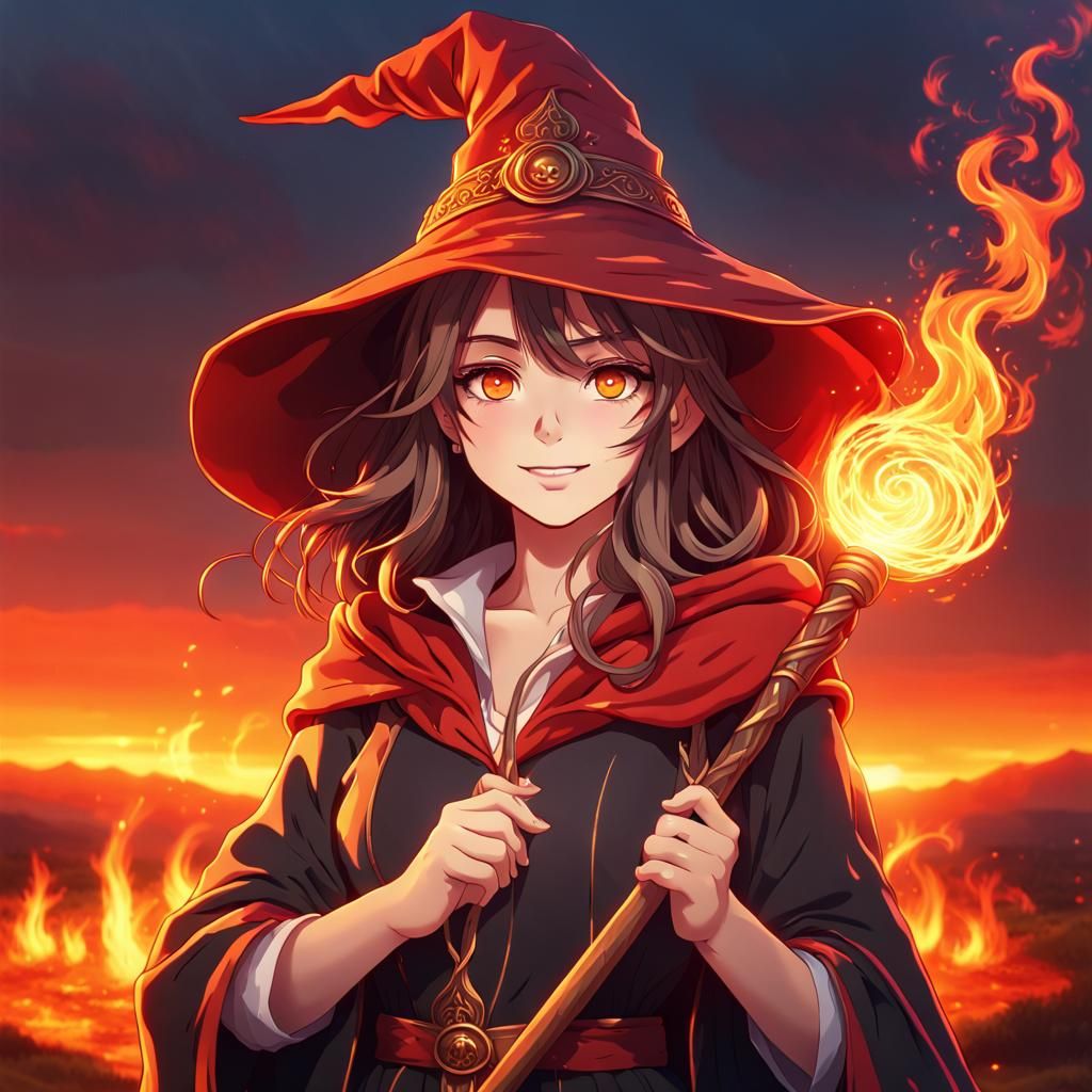 Anime Fire Wizard with Magic Staff and Fiery Eyes