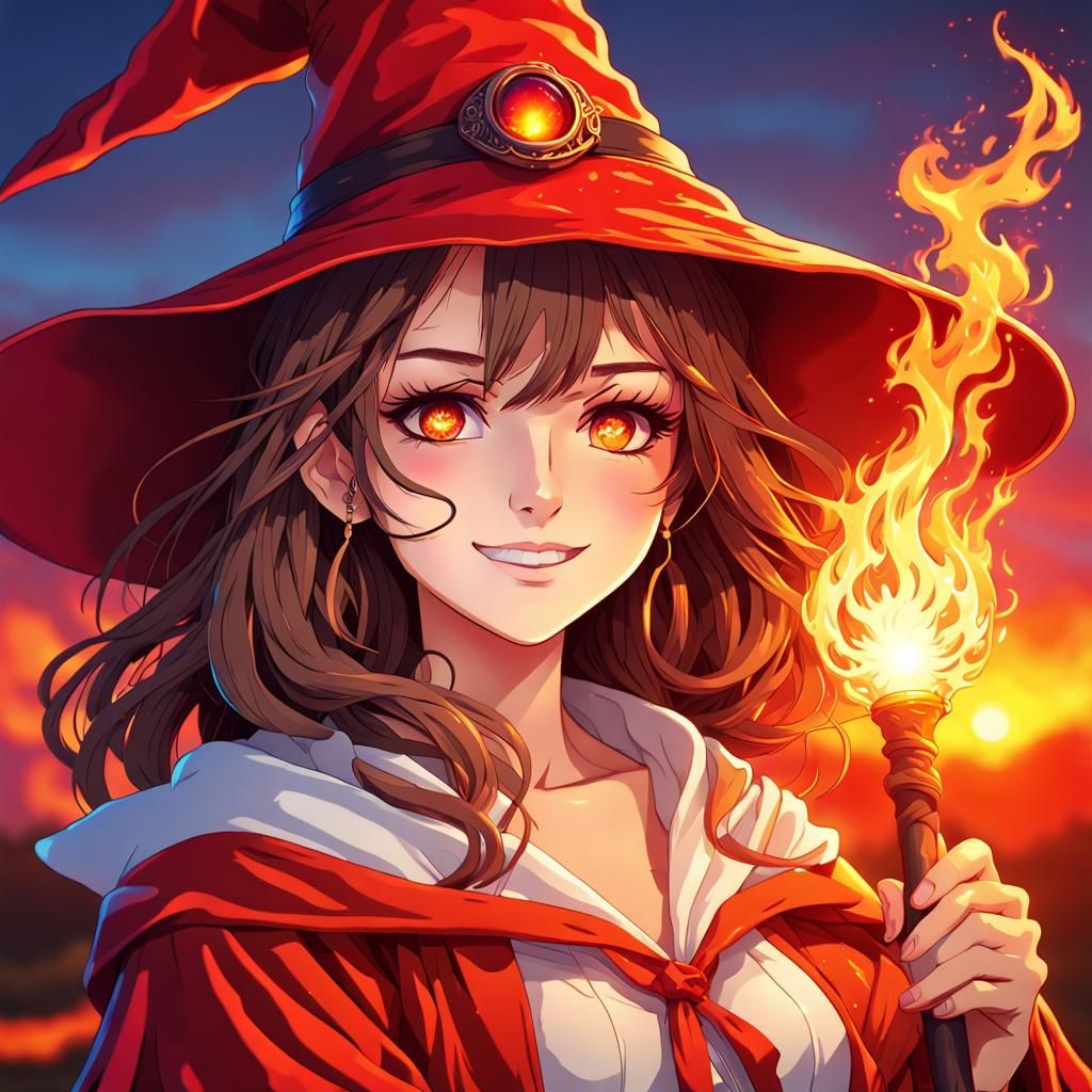 Anime Fire Wizard with Magic Staff at Sunset