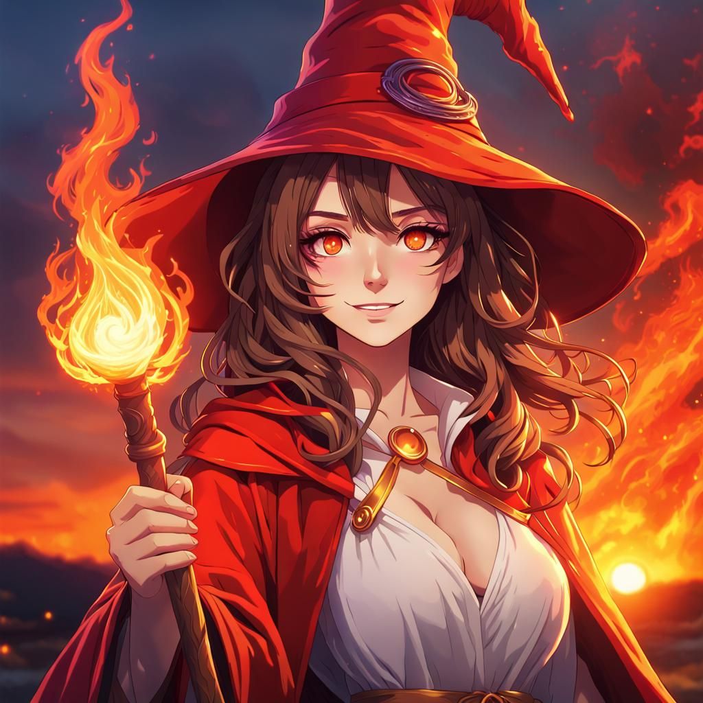 Anime Wizard with Fire Magic in Sunset
