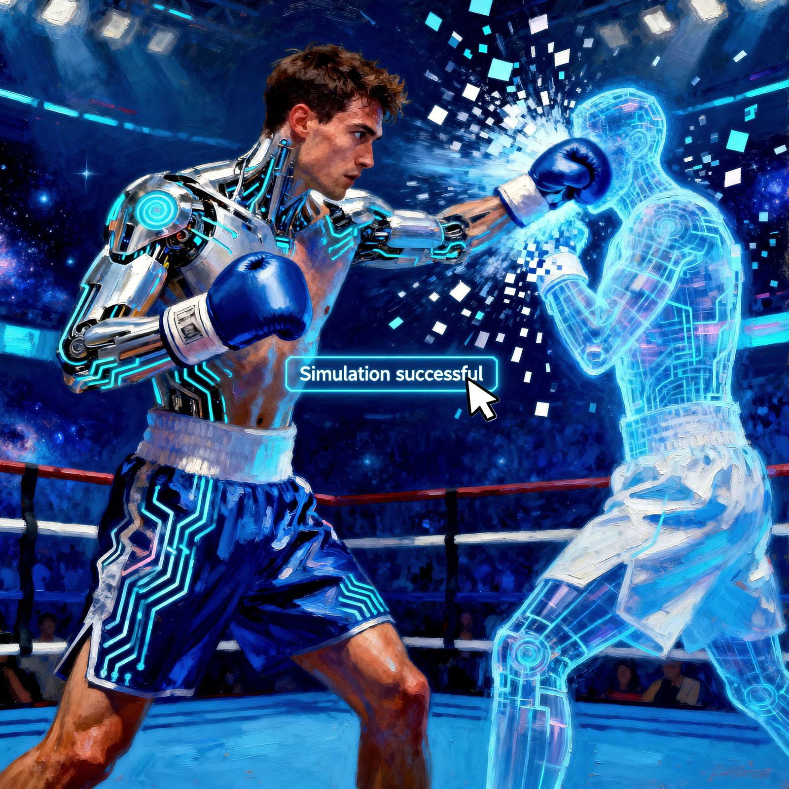 Cyborg Boxer Fights Hologram in Futuristic Arena