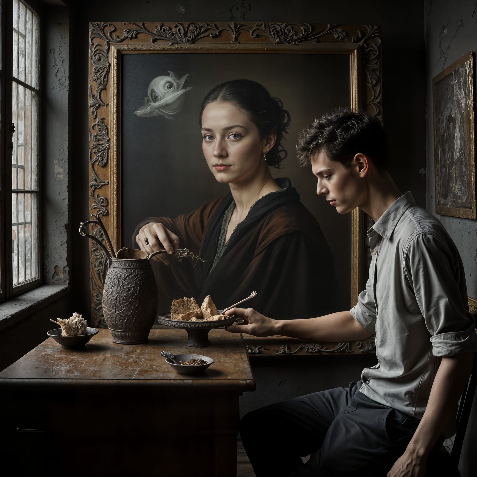 Eldest son having desert with his Mother when she was his ag...