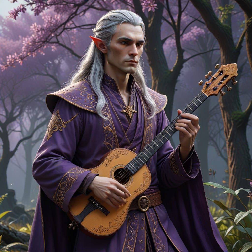 Elegant Silver-Haired Elf Bard in Lavish Purple Attire