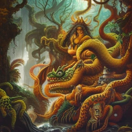 Gorgon in Wild Jungle, Hyperrealistic Oil Painting