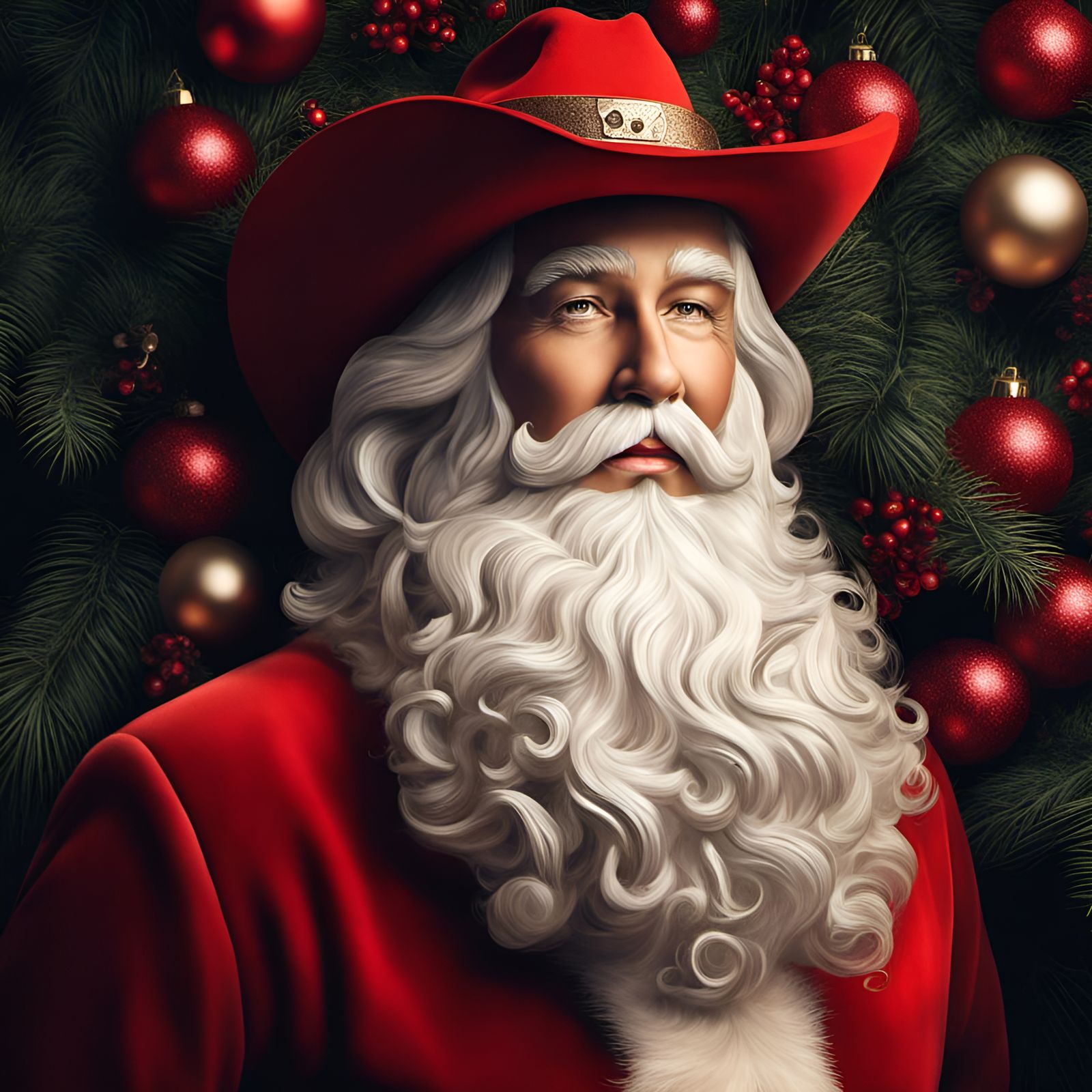 Santa Claus Dons Cowboy Hat in Botanical Illustration