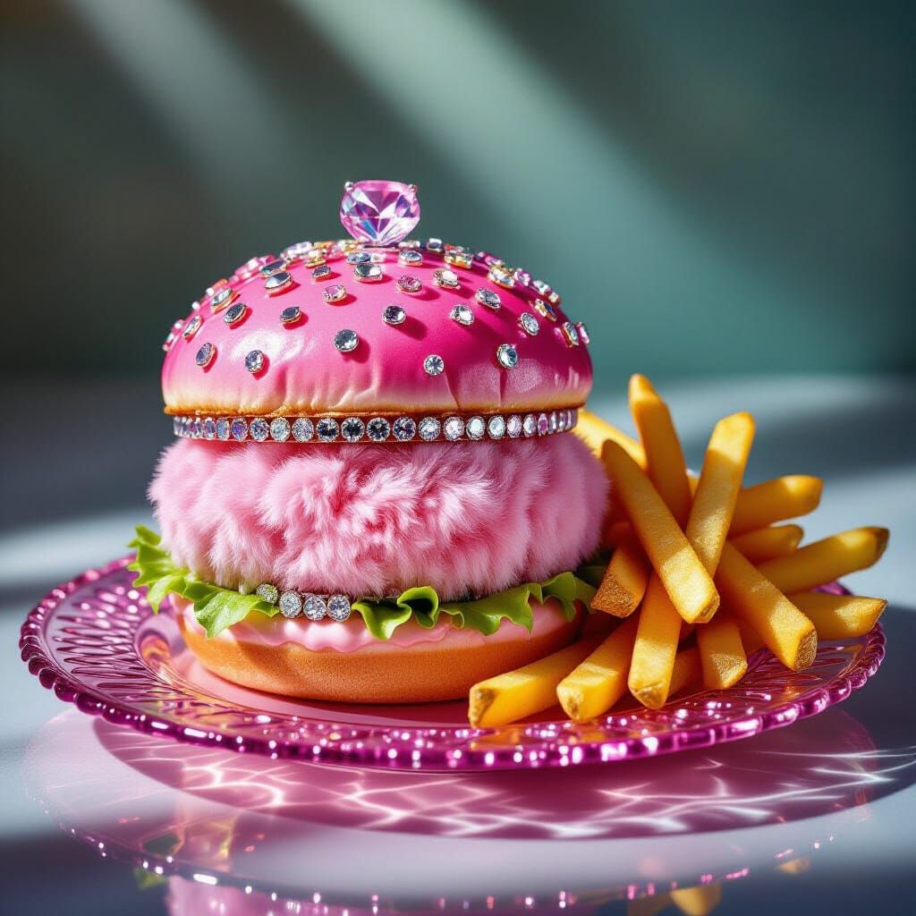 Surreal Pink Burger Adorned with Jewels and Fur