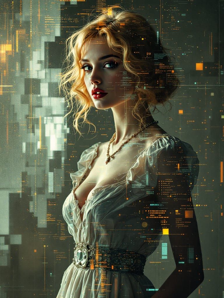 Art Nouveau Glitch Pin-Up: Woman in Digital Dreams